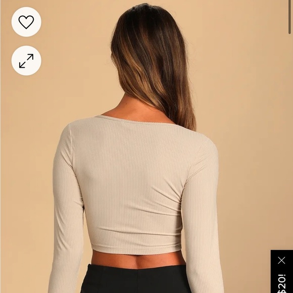 Lulus Flair for the Flirty Beige Ribbed Long Sleeve Bustier Crop Top - Picture 2 of 3